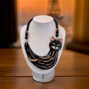 Vintage Handmade Large Black Cat Bead Chunky Statement Necklace with Gold Accent